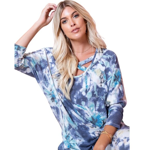 Blue Tie-Dye Crisscross Neck Top - Picture 2 of 3